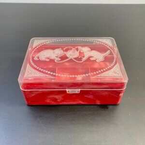 Hommer Mfg Co Hard Plastic Red Kitten Sewing Jewelry Box, Two Kittens on Lid, Co